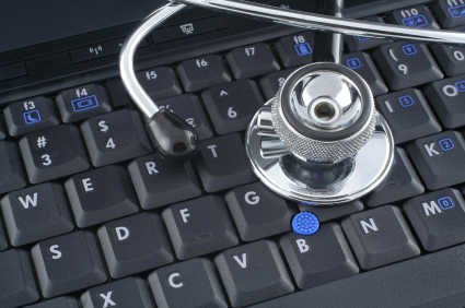 A stethoscope on a laptop keyboard