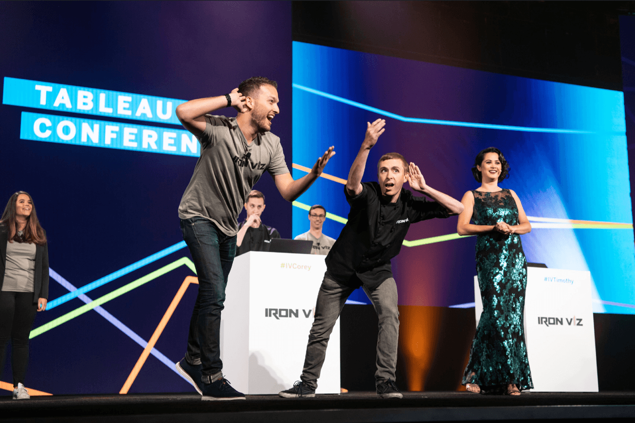 Iron Viz contestant Timothy Vermeiren and his sous vizzer David Freifeld hype the crowd at TC18