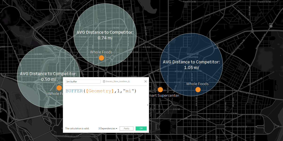 Buffer calculations for spatial analysis in Tableau 2020.1