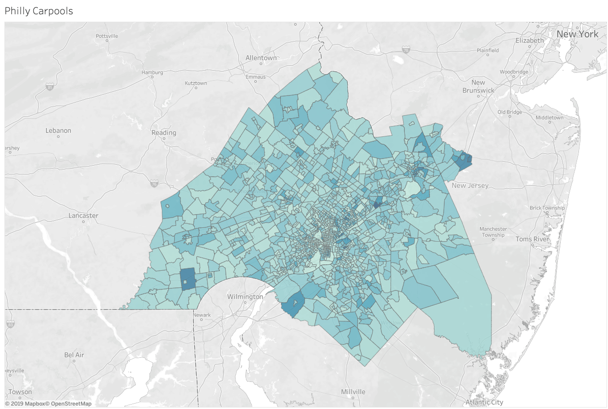 Mapa de dados de localização que mostra pontos de carona compartilhada na Filadélfia