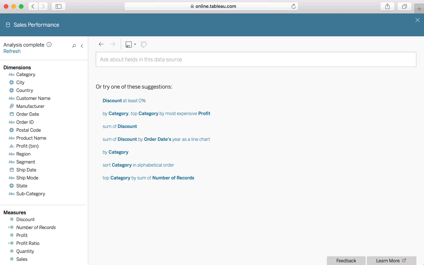 A gif of a BI tool showing an analysis of the sum of discounts given to customers in specific regions.