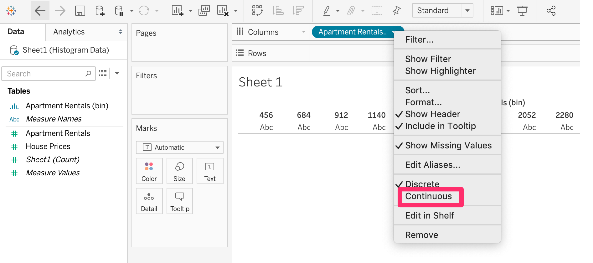 Change Bin to Continuous in Tableau