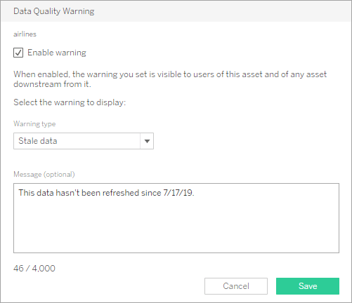 Screenshot of a data quality warning in Tableau Server