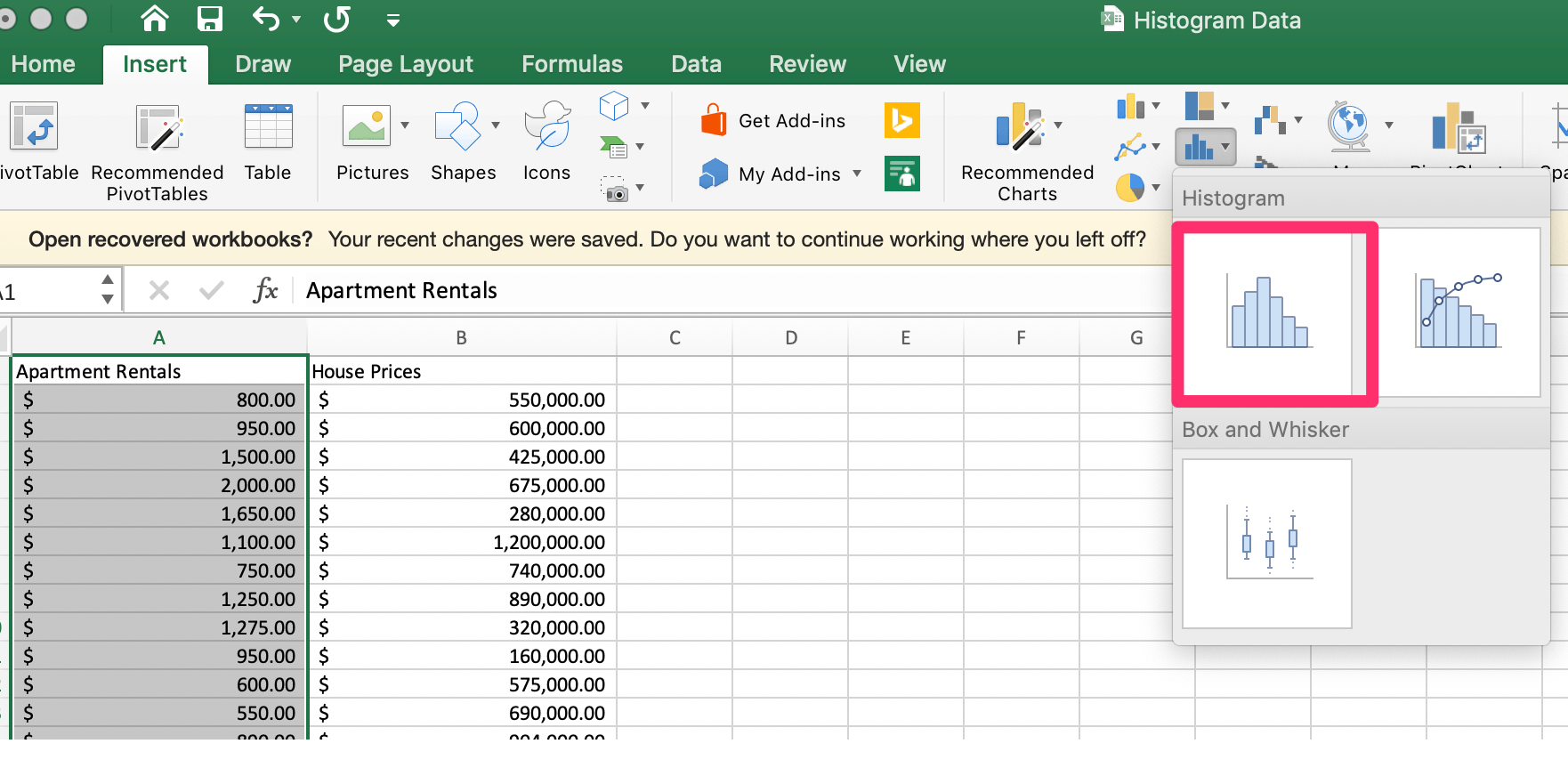 Insert Histogram Statistical Chart in Excel