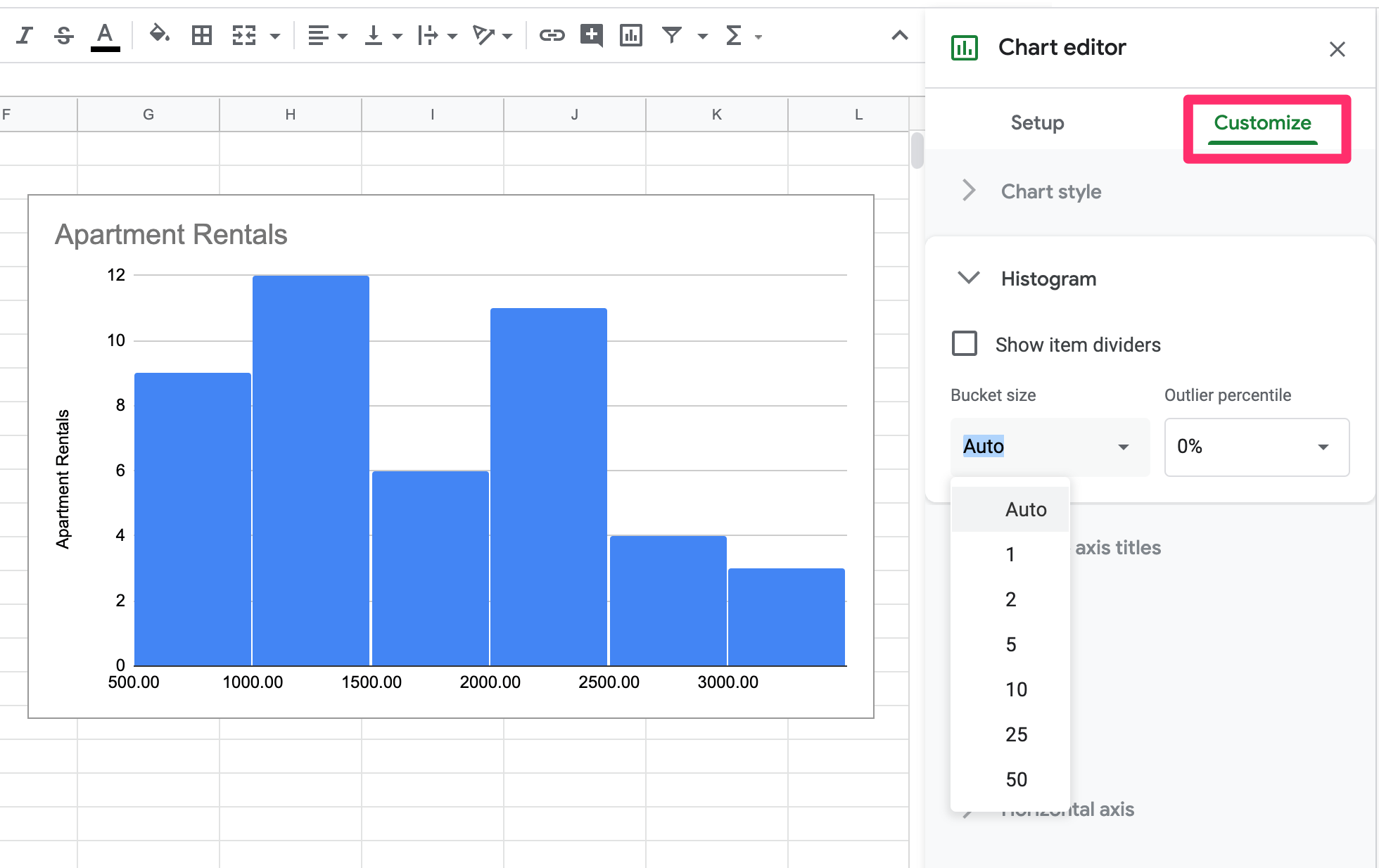 Google Sheets Histogram Edit Bin Size