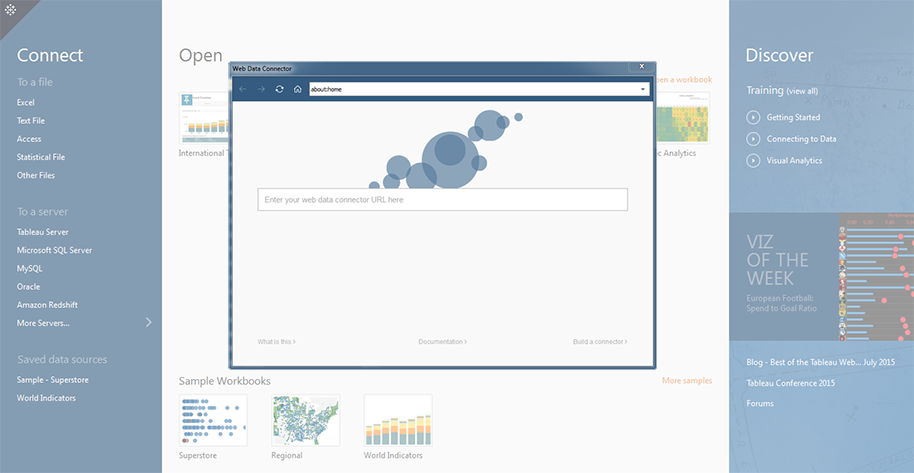 A new Web Data Connector lets you bring any web data source into Tableau.
